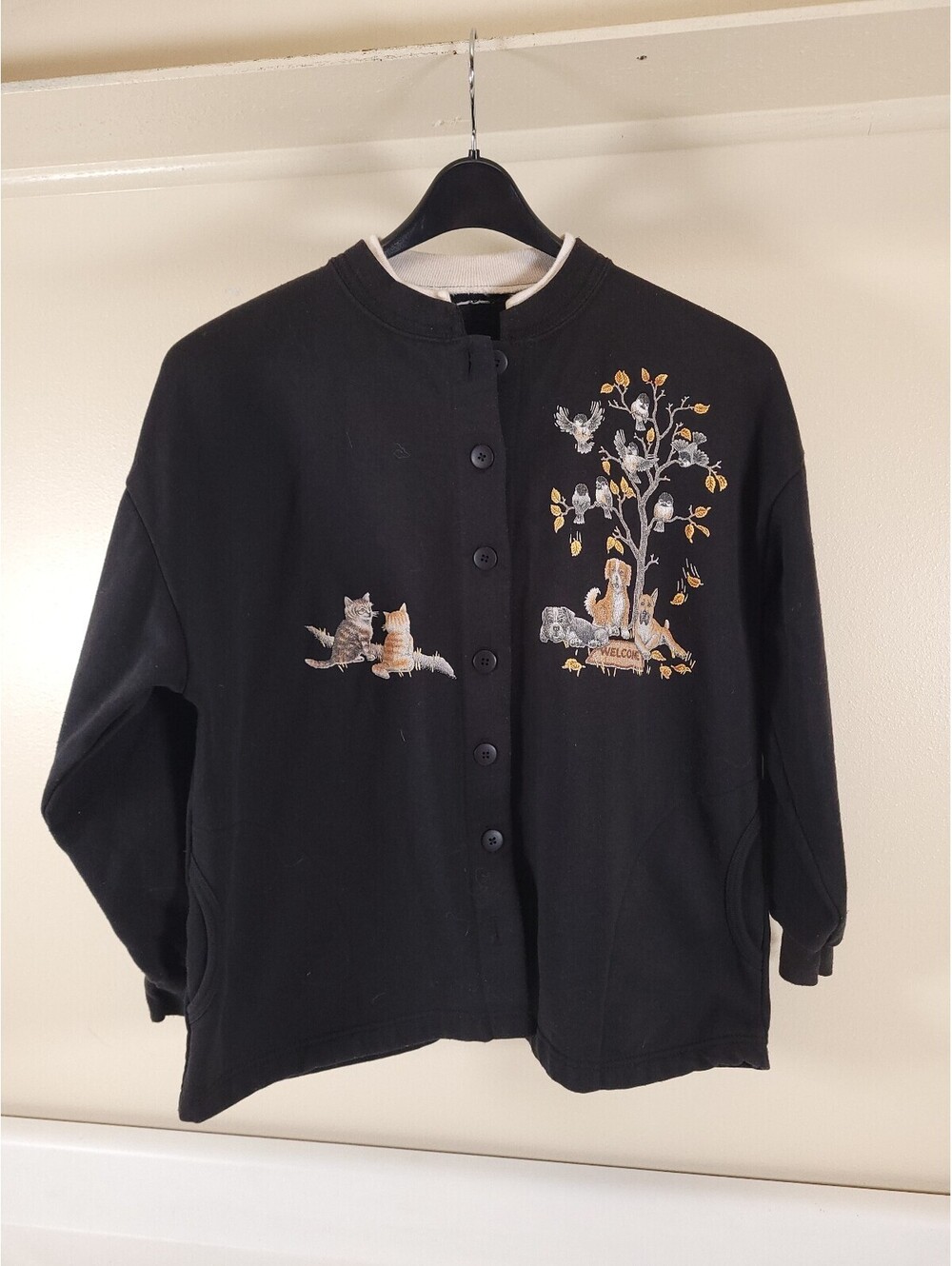 cats and dogs print cardigan womens XL XXL black vintage sweatshirt